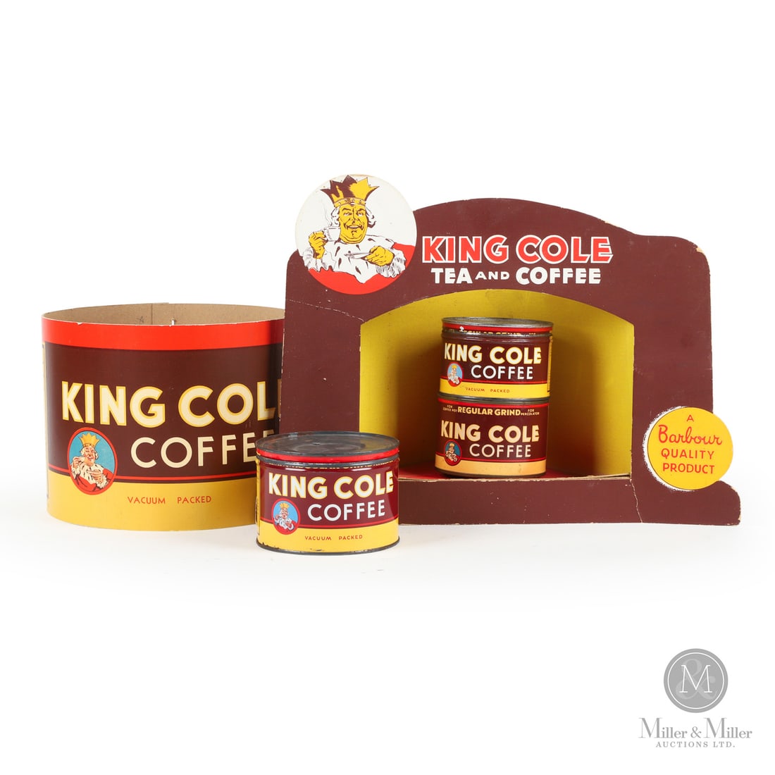 King Cole Tea and Coffee Counter Displays and Tins: Canadian. 1950s. Lithographed tin canisters. Lithographed cardboard displays. Tins marked, "A.C. Co.", lower edge next to seams. All items are guaranteed authentic by Miller & Miller Auctions. Size Di