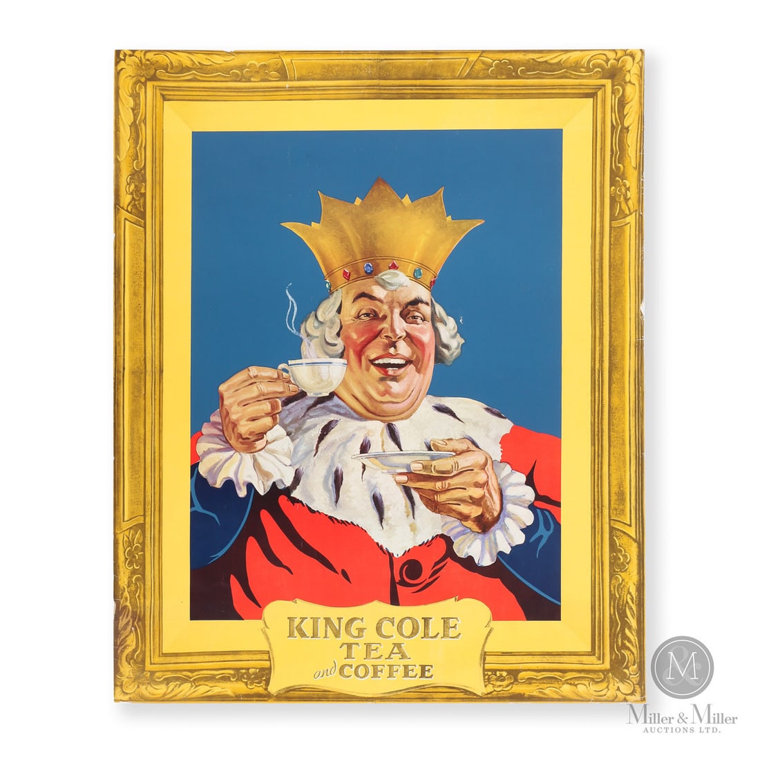 King Cole Tea and Coffee Cardboard Sign: Canadian. 1930s. Lithographed cardboard. All items are guaranteed authentic by Miller & Miller Auctions.Size27" x 22.75".ConditionExcellent colour. Edgewear with minor creases and bends. 1" closed