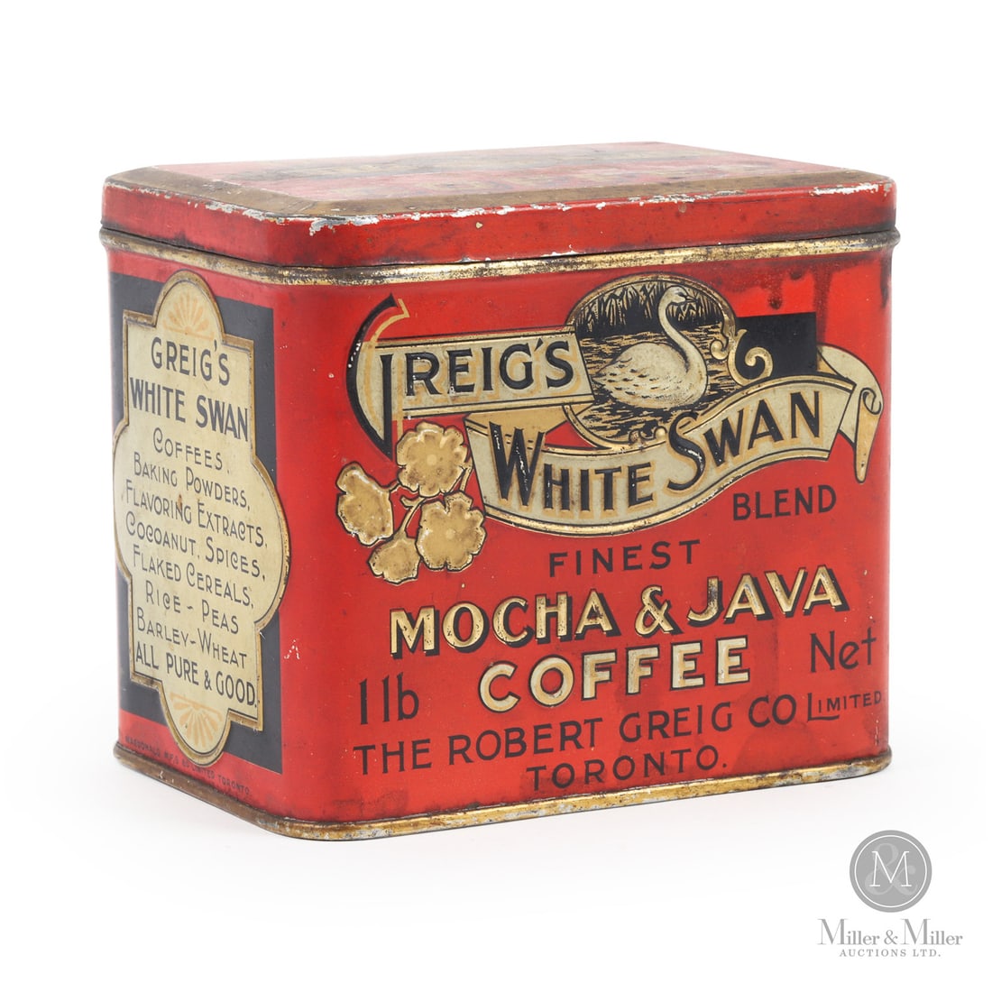 Greig's White Swan Coffee Tin: Canadian. 1920s. Embossed lithographed tin. Marked, "Macdonald Mfg Co. Limited, Toronto", side lower edge. Authenticated by The Authentication Company (TAC #501407). All items are guaranteed authentic