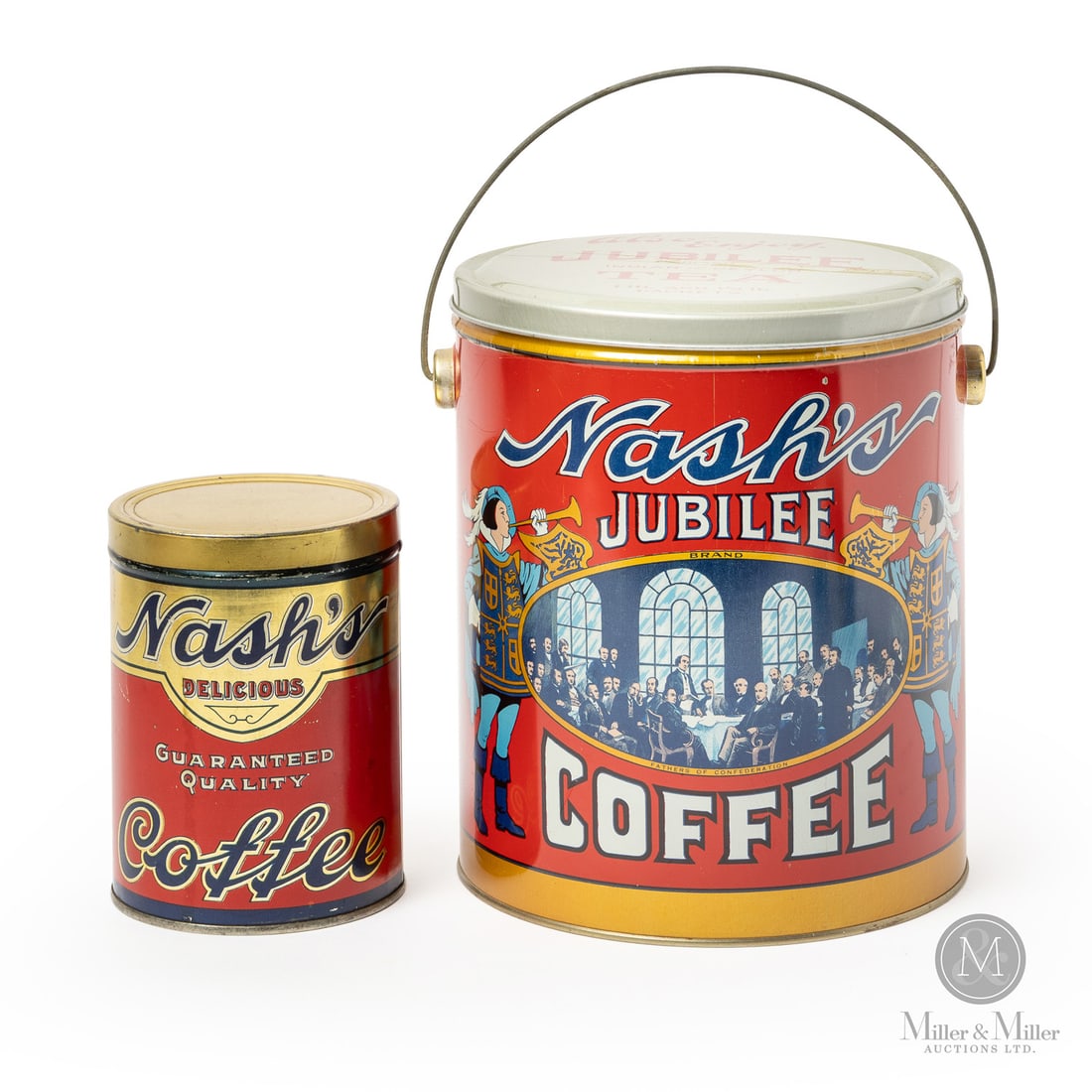 Nash's Coffee Tins: American for Canadian Market. 1930s. Lithographed tin. Jubilee marked, "A.C. Co. 2-L", lower margin near seam. Guaranteed Quality marked, "A.C. Co. 2-L 4", lower margin near seam. All items are