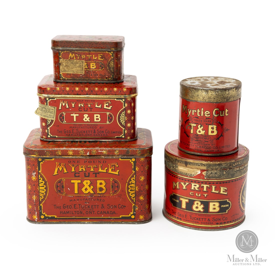 Tucketts T&B Myrtle Cut Tobacco Tins: Canadian. 1920s. Lithographed tin. Medium-sized box marked, "Macdonald Mfg Co., Toronto", lower edge of lid. All items are guaranteed authentic by Miller & Miller Auctions. From the late Marcel Gallay