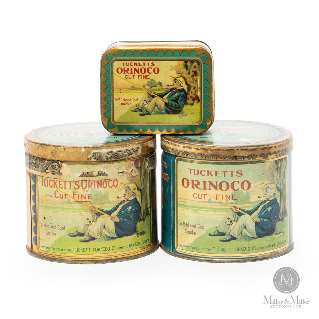 Tucketts Orinoco Tobacco 1/2 LB Canisters and 1/4 LB Box: Canadian. 1920s. Lithographed tin. All marked, "Macdonald Mfg Co., Ltd, Toronto", on return edge of lid. All items are guaranteed authentic by Miller & Miller Auctions. From the late Marcel Gallays Co