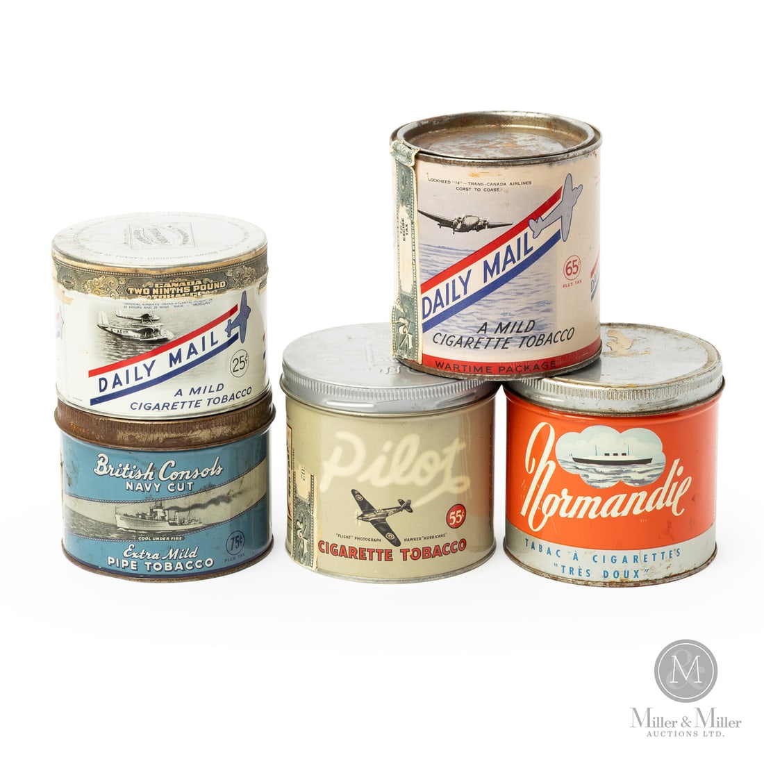 War Themed Tobacco Canisters: Canadian. 1950s. Lithographed tin. 1/2 pound daily mail canister is cardboard. Each marked, "A.C. Co." or "Canco", lower quarter next to seam. All items are guaranteed authentic by Miller & Miller Auc