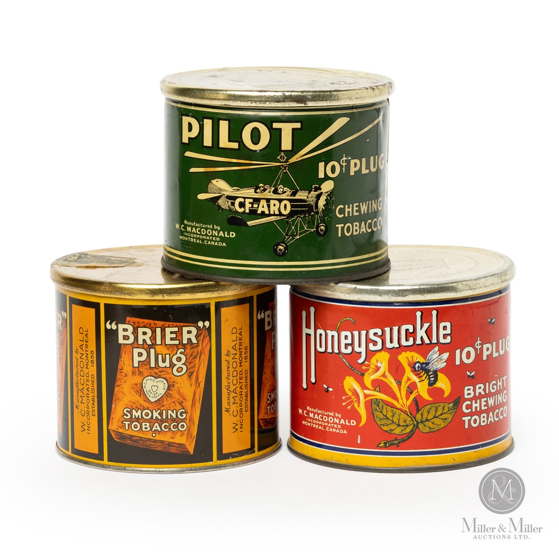 Macdonald Pilot, Brier and Honeysuckle Tobacco 2LB Canisters: Canadian. 1930s. Lithographed tin. Each marked, "A.C.Co 31A", lower edge next to seam. All items are guaranteed authentic by Miller & Miller Auctions. From the late Marcel Gallays Collection. Size 4.2