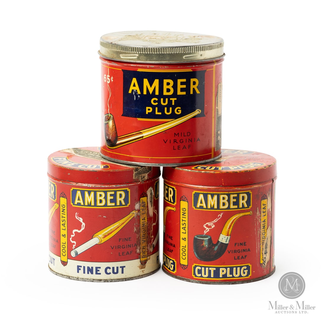 Houde's Amber Cut 1/2 LB Tobacco Canisters: Canadian. 1930s-1940s. Lithographed tin. Largest marked, "31 A", lower edge under tax stamp. All items are guaranteed authentic by Miller & Miller Auctions. From the late Marcel Gallays