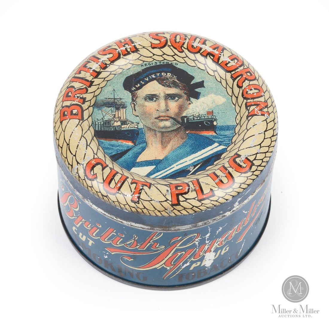 British Squadron Cut Plug Tobacco Canister: Canadian. 1920s. Lithographed tin. Marked, The Thos Davidson Mfg Co., Montreal", lower edge. Authenticated by The Authentication Company (TAC #501405). All items are guaranteed authentic by Miller & M