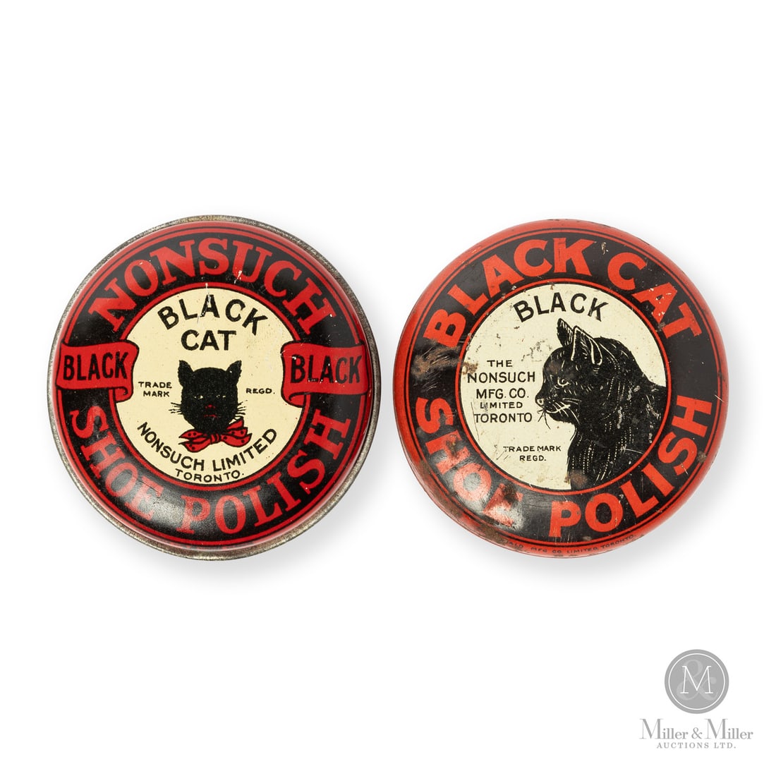 Black Cat Nonsuch Shoe Polish Tins: Canadian. 1920s. Lithographed tin. Each marked, "Macdonald Mfg Co. Limited, Toronto", on lids. All items are guaranteed authentic by Miller & Miller Auctions. From the late Marcel Gallays Collection.