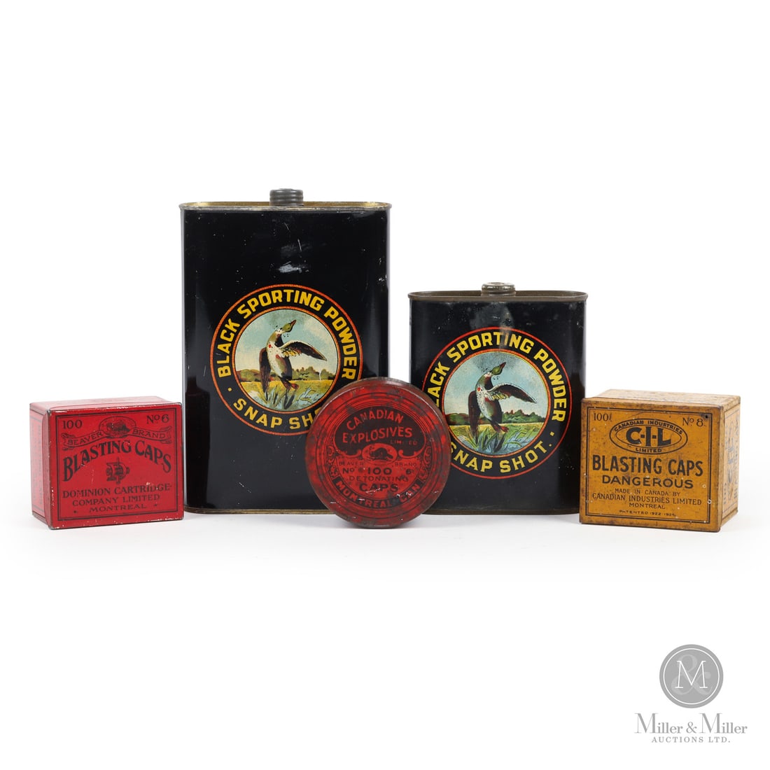C-I-L, Snapshot and Dominion Cartridge Powder and Blasting Cap Tins: Canadian. 1910s-1930s. Lithographed tin. Dominion Cartridge Blasting Caps tin marked, "The Thos Davidson Mfg Co. Limited, Montreal", on front of lid. All items are guaranteed authentic by Miller & Mil