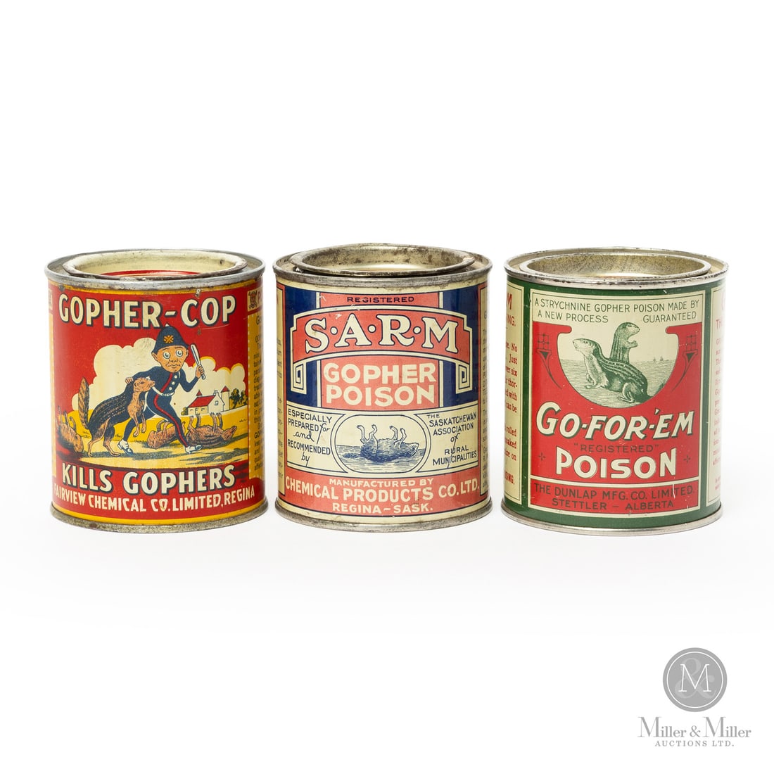 Gopher-Cop, Go-for-'em and S.A.R.M. Gopher Poison Tins: Canadian. 1930s. Lithographed tin. Each marked, "M.M. Co." or "G.S.W", lower edge. All items are guaranteed authentic by Miller & Miller Auctions. From the late Marcel Gallays Collection. Size Each: 3