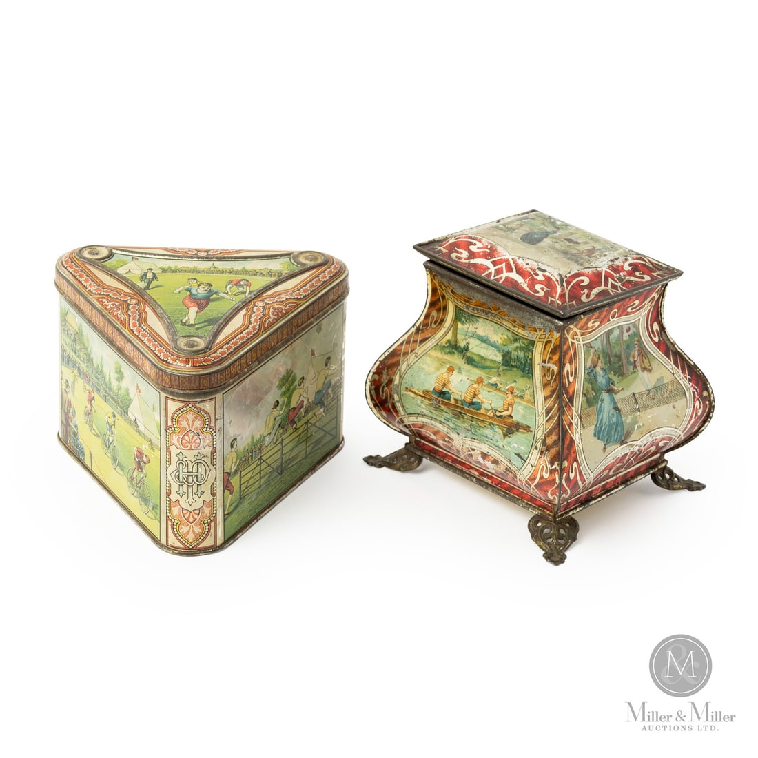 Huntley & Palmers and Franz Euler & Co. N.Y. Sports Series Biscuit Tins: British. 1920s. Lithographed tin. Stamped, "Huntley & Palmers Biscuit Manufacturers Reading & London" and "Franz Euler & Co., N.Y", underneath. All items are guaranteed authentic by Miller & Miller