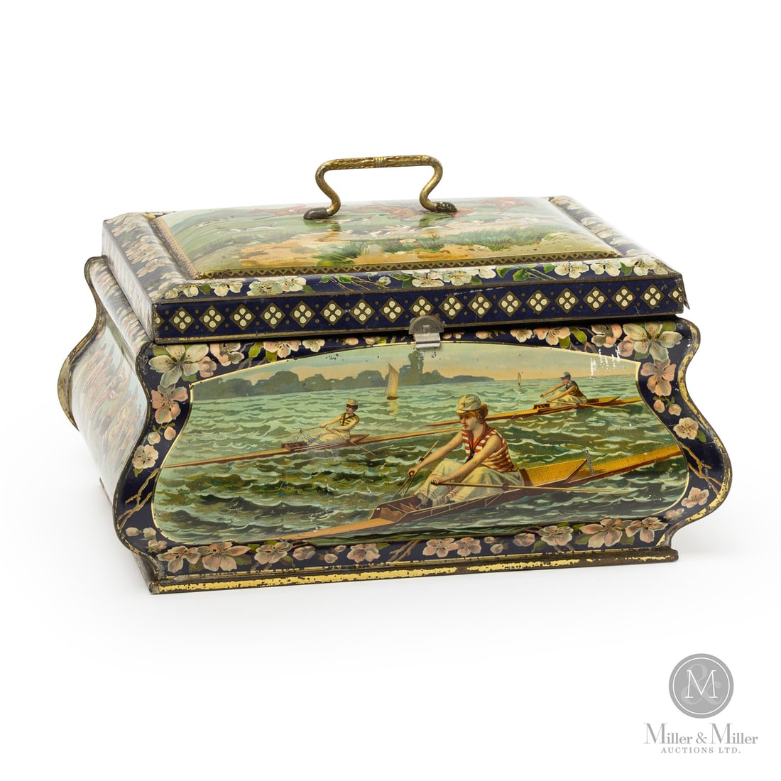 Oversized British Sports Themed Biscuit Tin: British. 1920s. Lithographed tin. Authenticated by The Authentication Company (TAC #501389). All items are guaranteed authentic by Miller & Miller Auctions. From the late Marcel Gallays