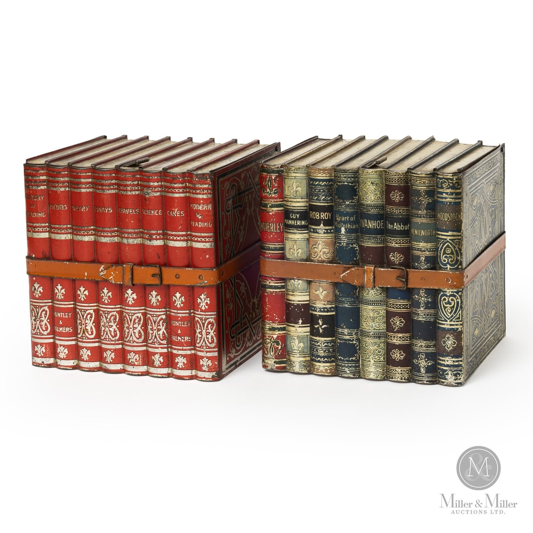 Huntley & Palmers Figural Biscuit Book Tins: British. 1920s. Lithographed tin. All items are guaranteed authentic by Miller & Miller Auctions. From the late Marcel Gallays Collection.SizeEach: 6.5" x 6.5" x 5".ConditionExcellent condition.