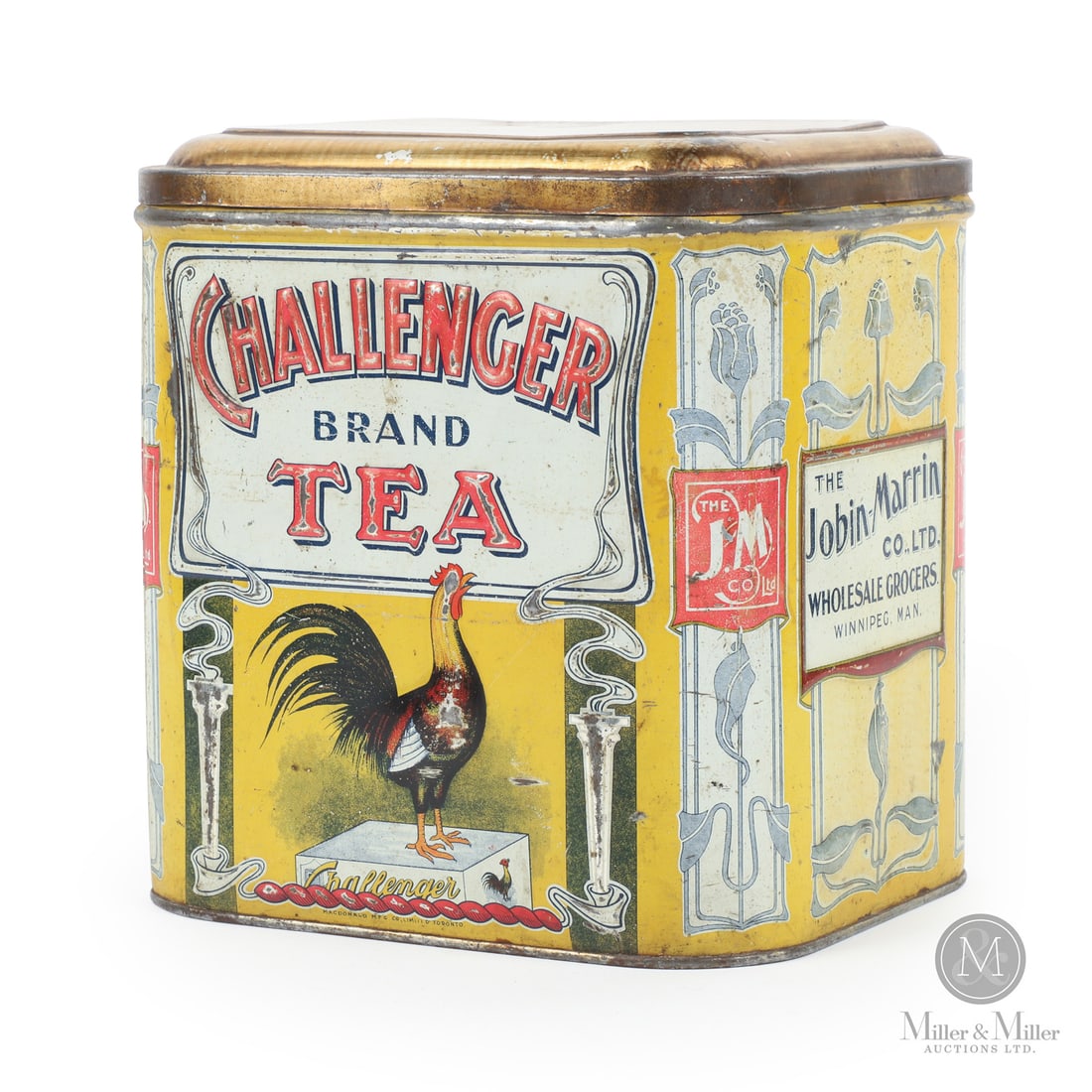 Challenger Embossed Tea Tin: Canadian. 1899 to early 1900s. Lithographed tin. This is a rare and early Canadian tin for the Challenger brand of tea. The tin, with a prominent rooster motif, was produced by the Macdonald Manufactu