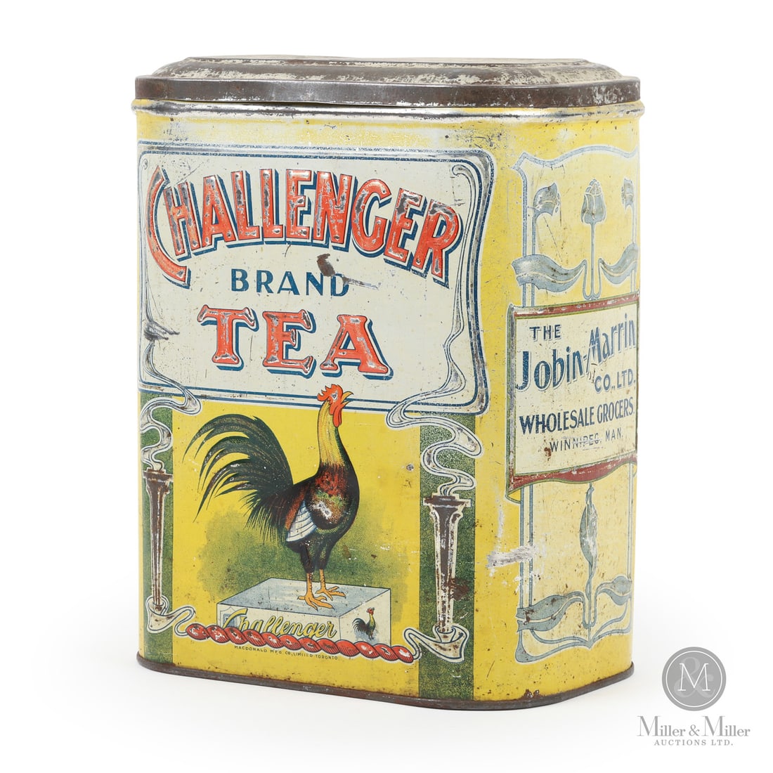 Jobin-Marrin, Winnipeg Challenger Tea Tin: Canadian. 1910s. Lithographed tin. Marked, "Macdonald Mfg Co. Limited, Toronto", lower quarter of one side. Authenticated by The Authentication Company (TAC #501393). All items are guaranteed authenti