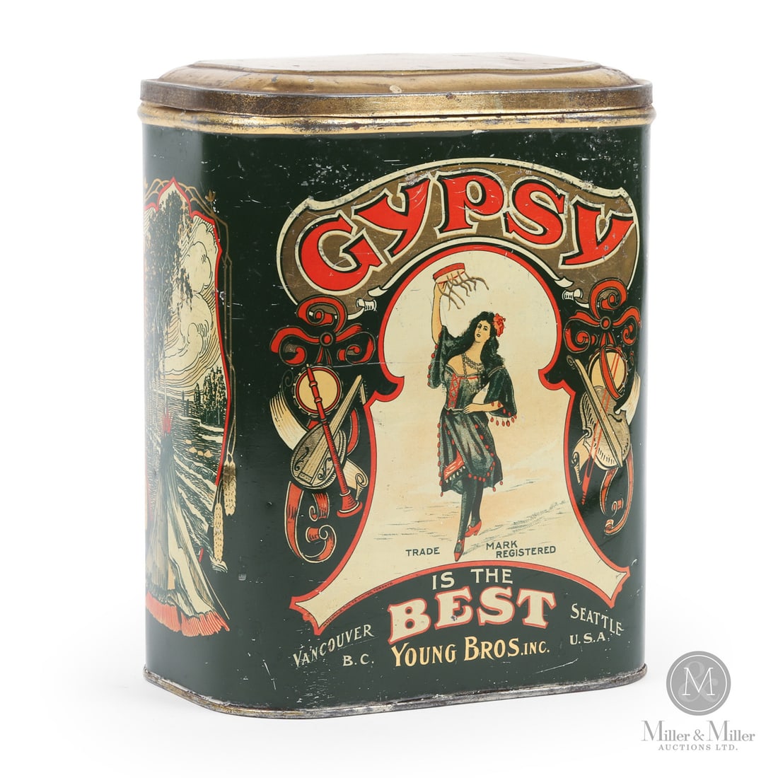 Young Bros, Vancouver Gypsy Tea Tin: Canadian. 1920s. Lithographed tin. Authenticated by The Authentication Company (TAC #501410). All items are guaranteed authentic by Miller & Miller Auctions. From the late Marcel Gallays Collection. S