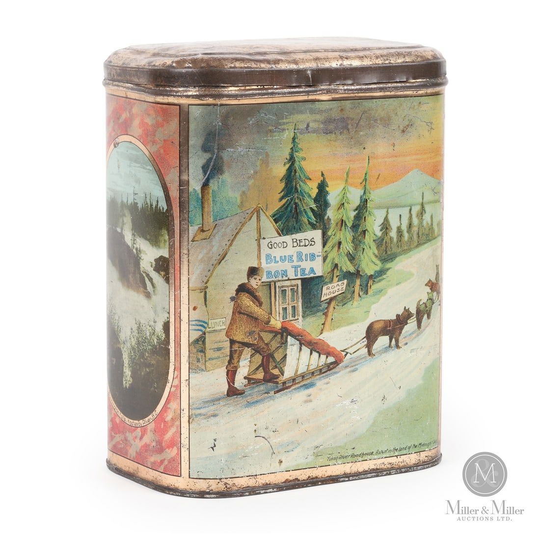 Blue Ribbon Tea Tin: Canadian. 1920s. Lithographed tin. Features unique, detailed lithographed Western Canadian scenes on each side. Marked, "THE THOS. DAVIDSON MFG. CO. LIMITED. MONTREAL. TIN BOXES", lower edge.