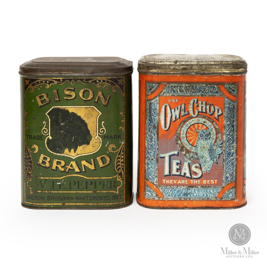 Bison Brand Spice and Owl Chop Tea Tins: Canadian. 1920s. Lithographed tin. Bison marked, "The Thos Davidson Mfg Co. Limited, Montreal", lower edge front. Owl marked, "Macdonald Mfg Co. Ltd., Toronto", lower edge side. All items are