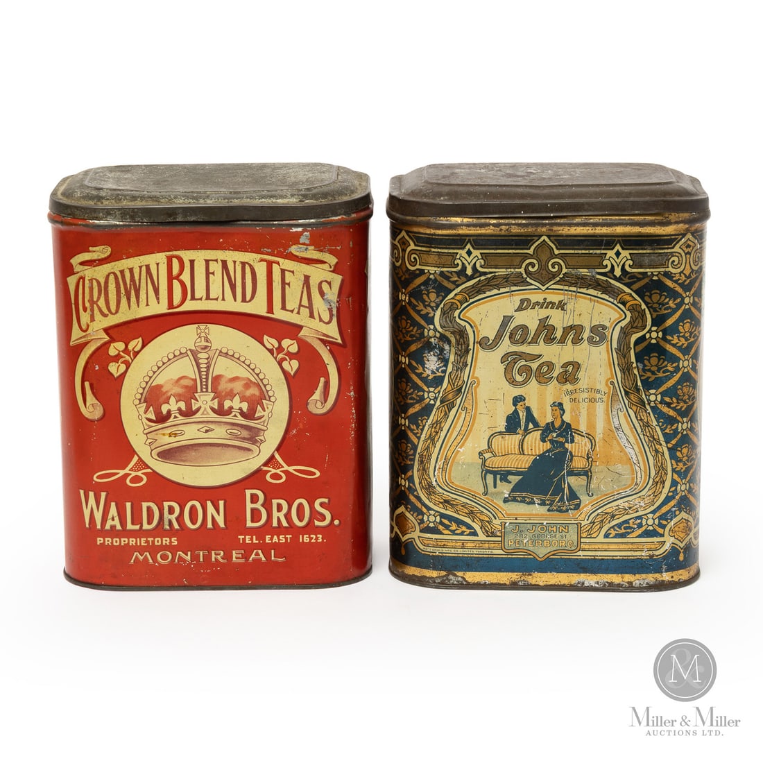 J. Johns, Peterboro and Crown Blend, Montreal Tea Tins: Canadian. 1920s. Lithographed tin. Crown blend marked, "Macdonald Mfg Co. Limited., Toronto", lower edge side. St. Johns marked, "Macdonald Mfg Co. Limited., Toronto", lower left quarter of front. All