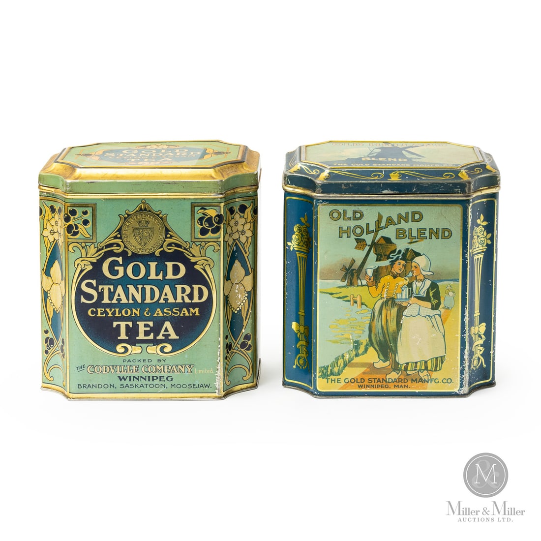 Old Holland Blend and Gold Standard Winnipeg Tea Tins: Canadian. 1920s. Lithographed tin. Both marked, by a British lithography company, on the reverse edge of lid above hinge. All items are guaranteed authentic by Miller & Miller Auctions. From the late