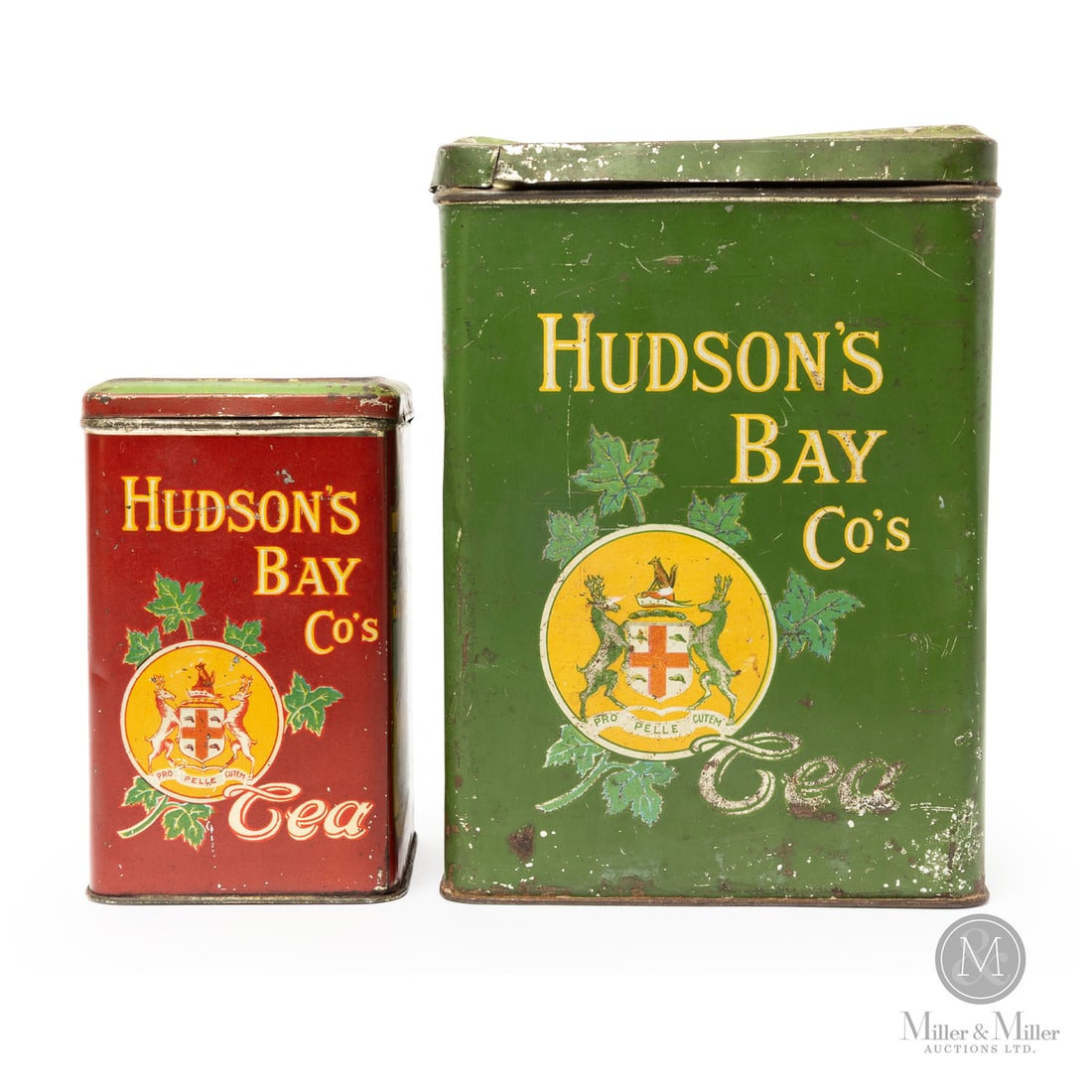Hudsons Bay #6 and #2 Tea Tins: Canadian. 1910s. Lithographed tin. Hudson's Bay "Number Six" and "Number Two" tea tins feature scenes, "The Golden West", "Jack Canuck in the North West To Day", and "Hudson Bay Co's Upper Fort Garry