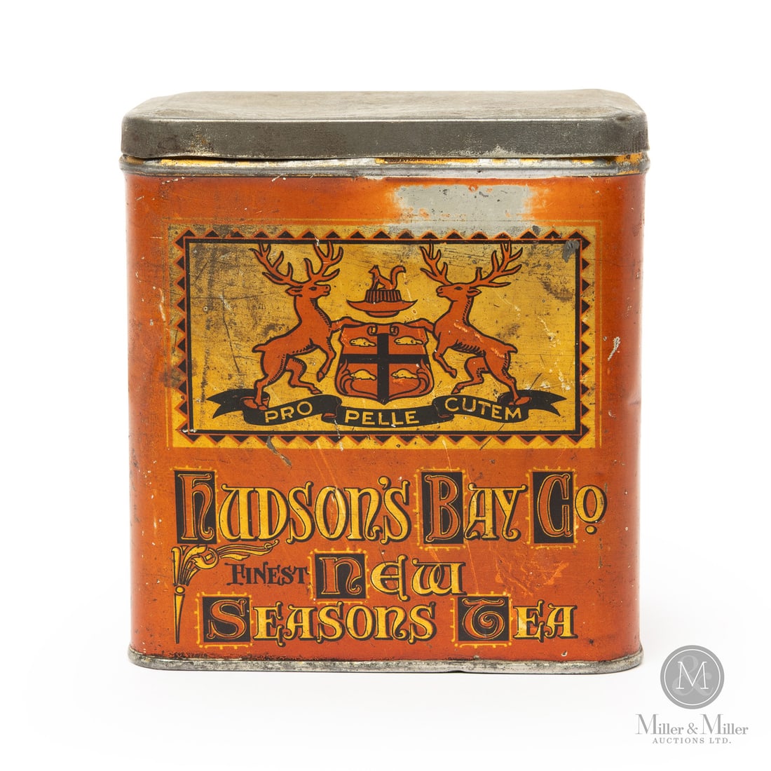 Hudsons Bay New Seasons Tea Tin: Canadian. 1910s. Lithographed tin. Authenticated by The Authentication Company (TAC #501460). All items are guaranteed authentic by Miller & Miller Auctions. From the late Marcel Gallays