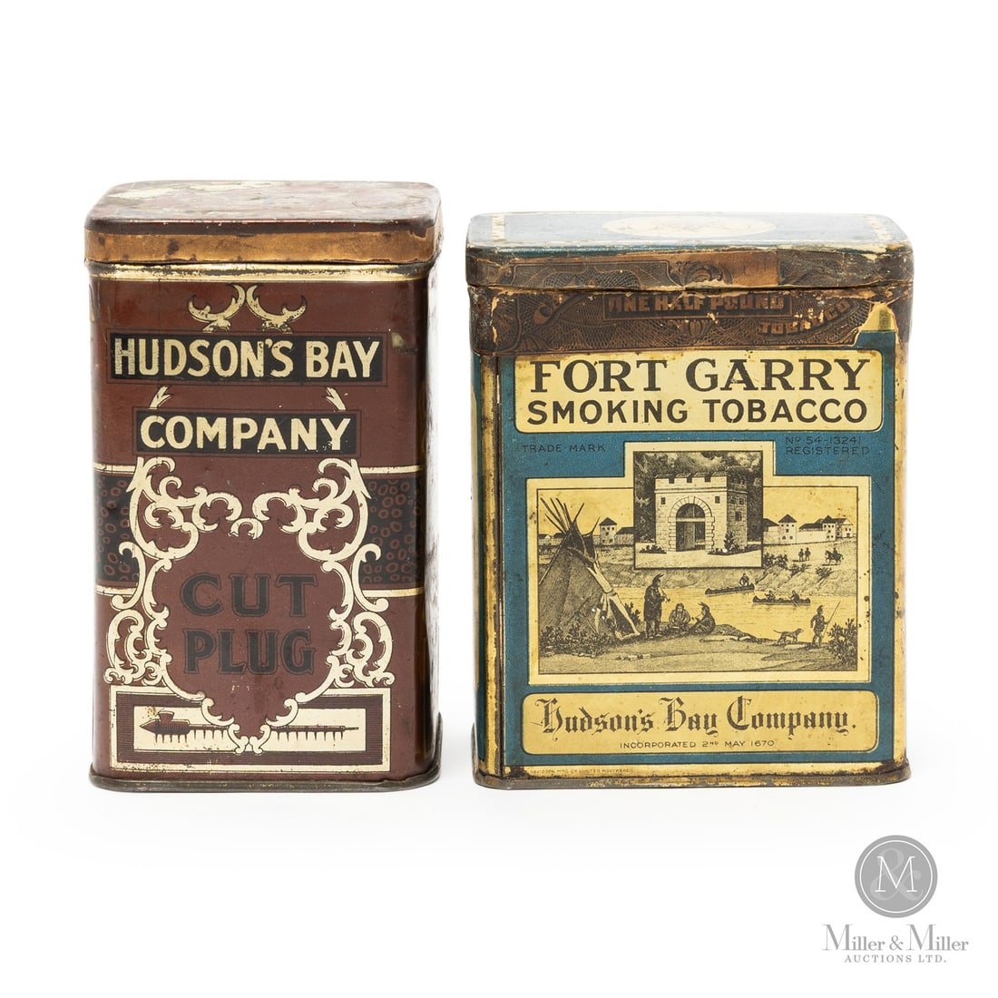 Hudson's Bay Fort Garry and Cut Plug Tobacco 1/2 LB Tins: Canadian. 1920s. Lithographed tin. Both tins marked, "The Thos Davidson Mfg Co., Montreal", side lower edge. All items are guaranteed authentic by Miller & Miller Auctions. From the late Marcel Gallay