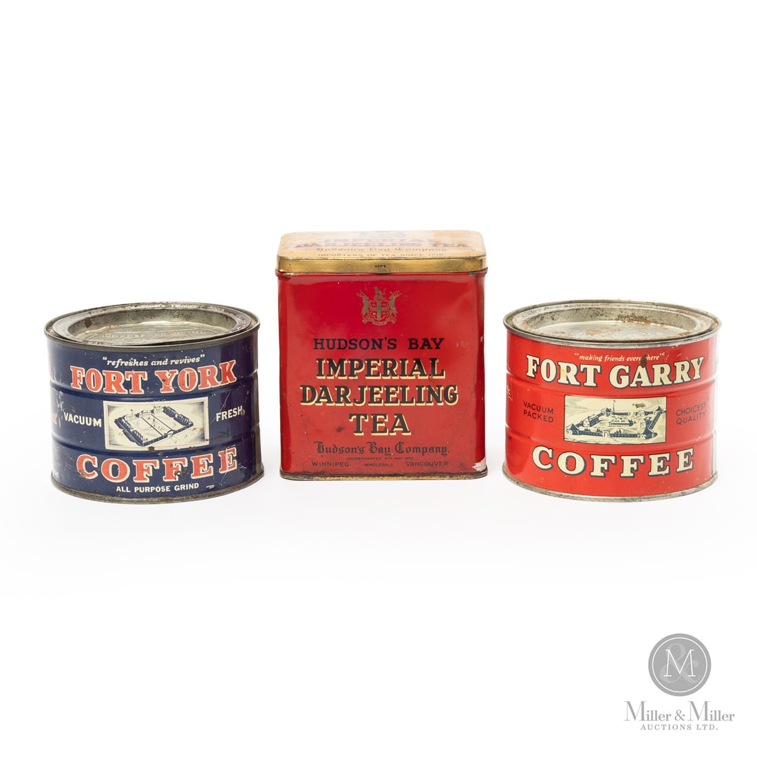 Hudson's Bay Co. Fort Garry and Fort York Coffee and Darjeeling Tea Tins: Canadian. 1940s. Lithographed tin. Red and blue variations of coffee tins. Red variation of the tea tin. Marked, "C.C.Co", "G.S.W.6", and "C.C.Co". All items are guaranteed authentic by Miller &