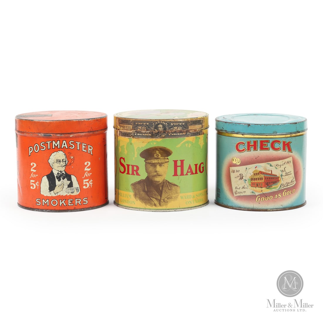 Postmaster, Check and Sir Haig Tobacco Canisters: Canadian and American. 1930s-1940s. Lithographed tin. SIR. HAIG marked, "The Thos Davidson Mfg Co., Montreal", lower edge of lid. All items are guaranteed authentic by Miller & Miller Auctions. From t