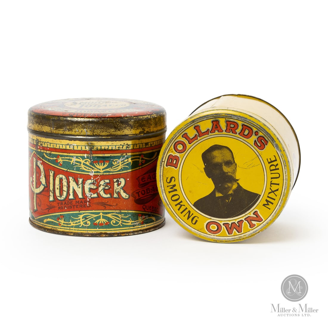 Bollard's and Pioneer Tobacco 1/4 LB Canisters: Canadian. 1910s. Lithographed tin. Bollards marked, The Thos Davidson Mfg Co., Montreal", lower edge of lid. All items are guaranteed authentic by Miller & Miller Auctions. From the late Marcel Gallay