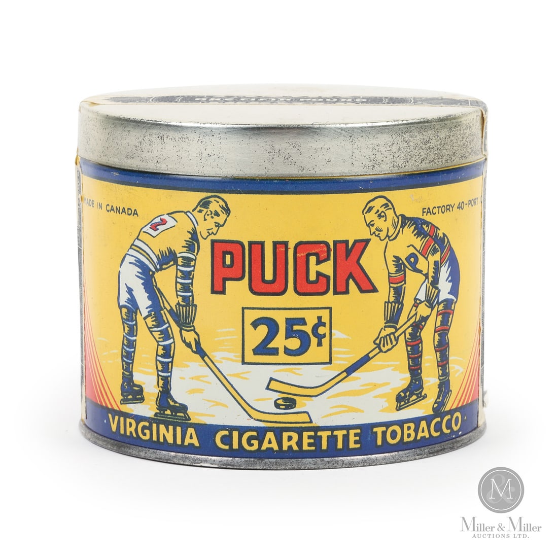 Puck 1/5 LB Tobacco Tin: Canadian. 1930s. Lithographed tin. The Puck cigarette tobacco tin is one of the rarest Canadian tobacco tins and the first to feature hockey graphics. The "Port 10D" marking on the tin indicates the