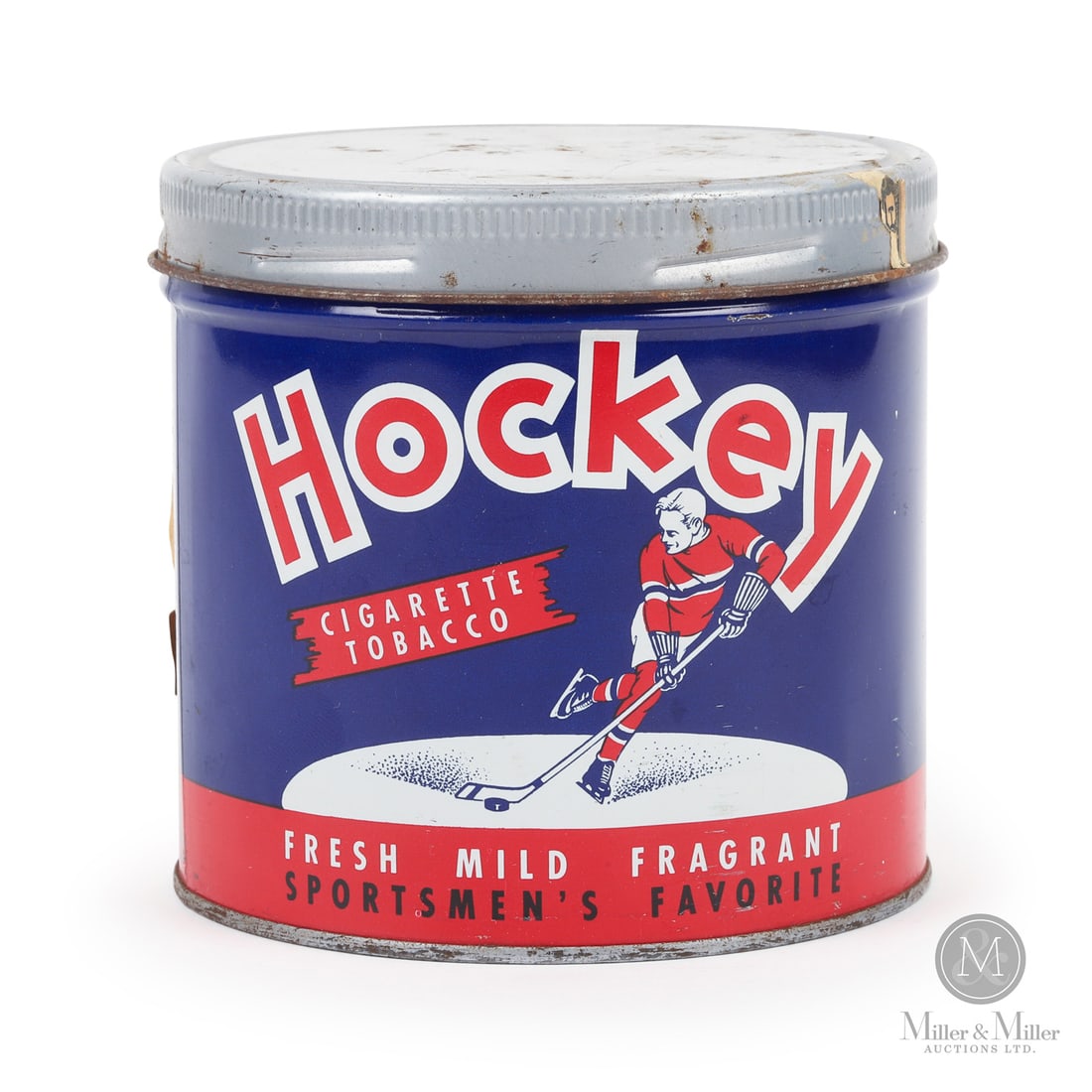 Hockey 1/2 LB Tobacco Canister: Canadian. 1940s. Lithographed tin. The Hockey cigarette tobacco tin is one of the few tobacco tins to feature a hockey scene. A player is skating up the ice and is in the process of shooting the