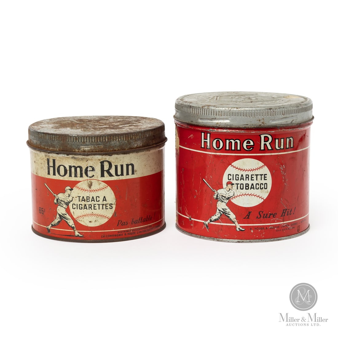Home Run Cigarette Tobacco Canisters: Canadian. 1940s. Lithographed tin. Both marked, "A.C. Co", lower edge next to seam. All items are guaranteed authentic by Miller & Miller Auctions. From the late Marcel Gallays Collection.Size4.25" x