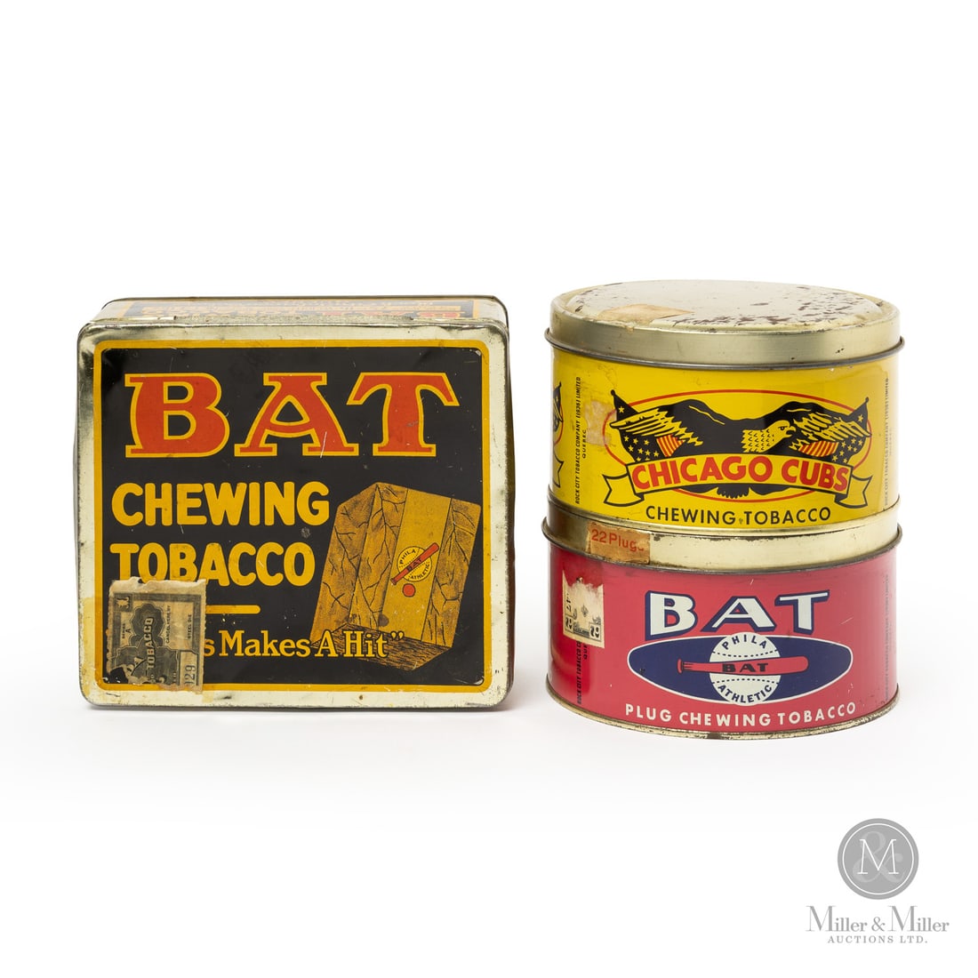 Bat and Chicago Cubs Chewing Tobacco Box and Canisters: Canadian. 1920s-1930s. Lithographed tin. Referred to as "Family Scene". Bat canister marked, "The Thos Davidson Mfg Co. Limited, Montreal", lower edge next to seam. Bat box marked, "CCC90", lower edge