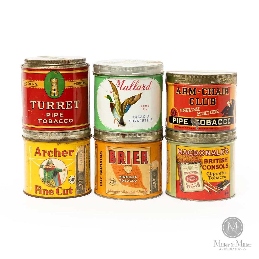 Turret, Mallard, Archer, Arm-Chair Club, Brier and MacDonalds Tobacco 1/2 LB Canisters: Canadian. 1940s. Lithographed tin. Brier, Mallard, Archer, and British Consoles marked, lower edge. All items are guaranteed authentic by Miller & Miller Auctions. From the late Marcel Gallays