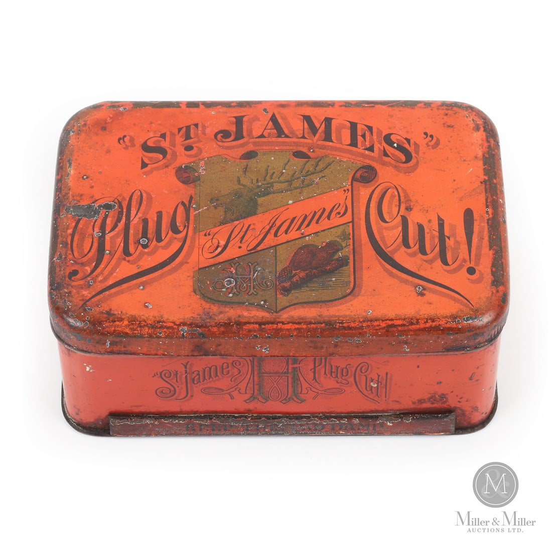 Early St. James Cut Plug Tobacco Tin: Canadian. 1890s. Lithographed tin. All items are guaranteed authentic by Miller & Miller Auctions. From the late Marcel Gallays Collection. Size 2.75" x 6" x 4". Condition Very good condition. Retains