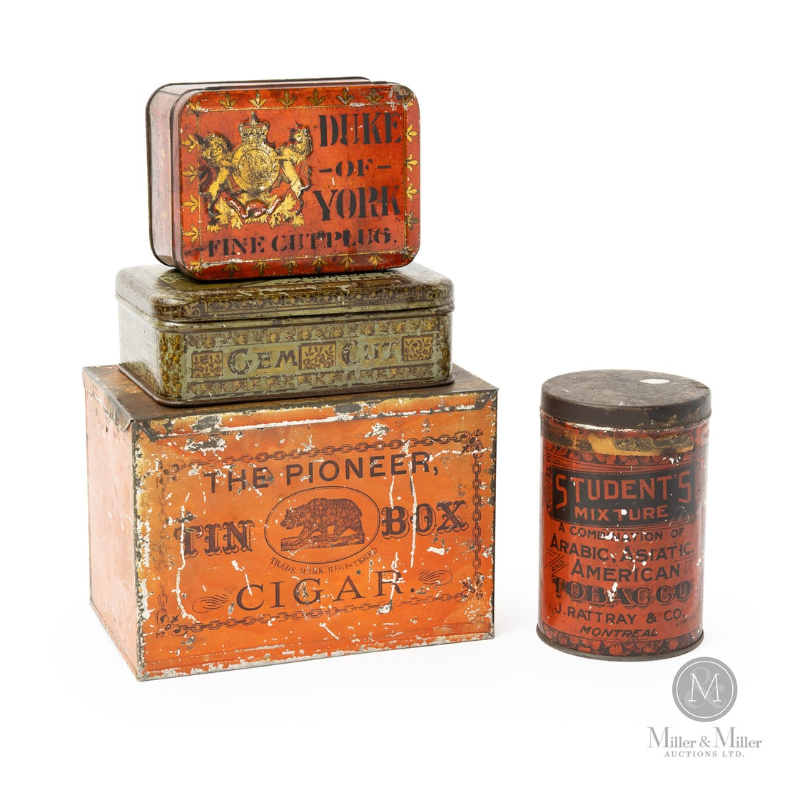 Early Montreal Tobacco Tins: Canadian. 1900s-1910s. Lithographed tin. Includes: Duke of York, Students Mixture, and Gem and Pioneer cigar. Canister marked, "The Thos Davidson Mfg Co. Limited, Montreal", lower edge. One of the box