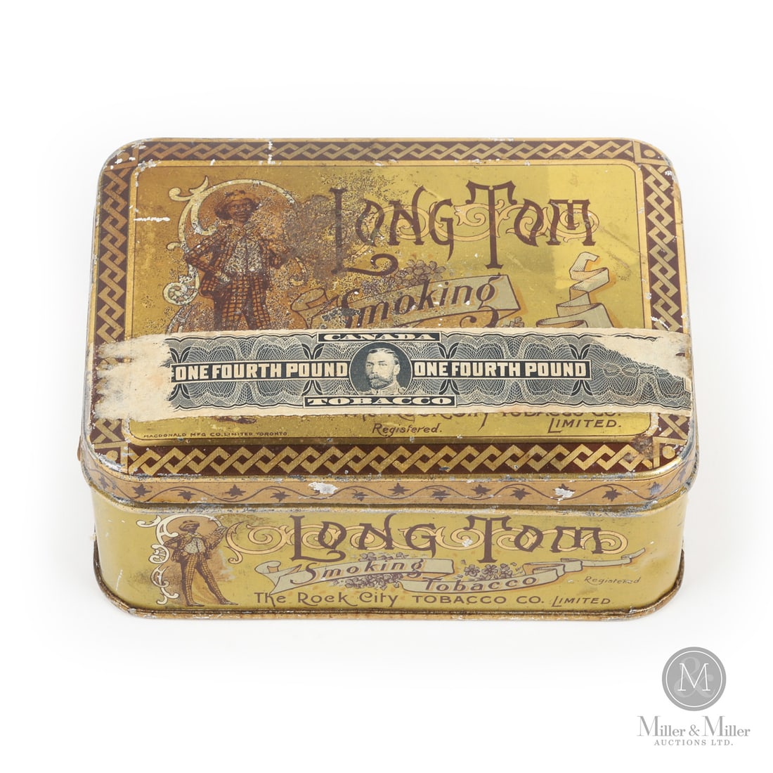 Long Tom 1/4 Pound Tin: Canadian. 1920s. Lithographed tin. Marked, "MACDONALD MFG CO. LIMITED. TORONTO", lower left edge of lid. Authenticated by The Authentication Company (TAC #501424). All items are guaranteed authentic b