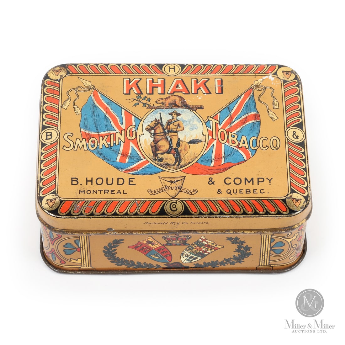 Khaki 1/4 Pound Tobacco Tin: Canadian. 1920s. Lithographed tin. Features a detailed graphic of a mounted policeman and a beaver flanked by a pair of Union Jack flags. Marked, "Macdonald Mfg Co. Limited, Toronto", return edge fron