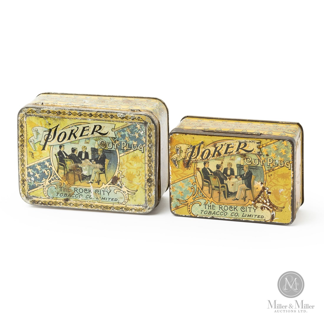 The Rock City Poker Tobacco Tins: Canadian. 1920s. Lithographed tin. Smaller version is embossed. Each marked, "Macdonald Mfg Co., Toronto", lower quarter. All items are guaranteed authentic by Miller & Miller Auctions. From the late