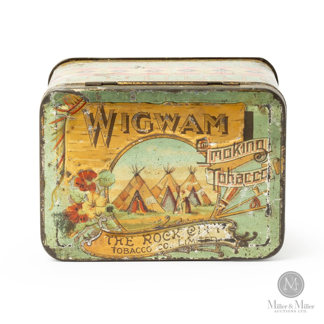 The Rock City Wigwam Tobacco Tin: Canadian. 1920s. Lithographed tin. Marked, "Macdonald Mfg Co., Toronto", lower quarter. Authenticated by The Authentication Company (TAC #501422). All items are guaranteed authentic by Miller &
