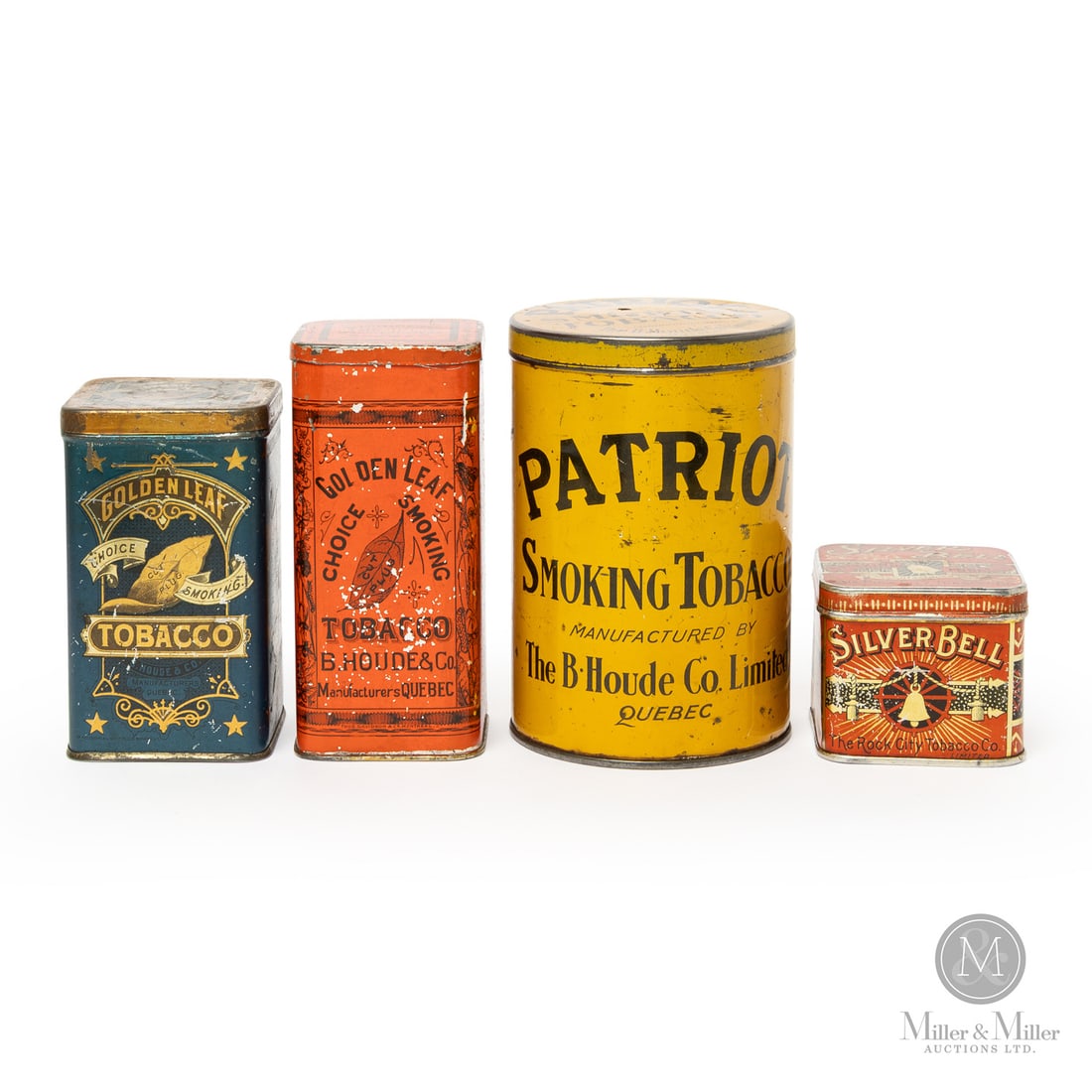 Golden Leaf, Silver Bell and Patriot Tobacco Tins and Canister: Canadian. 1910s-1920s. Lithographed tin. Golden leaf marked, "Macdonald Mfg Co.s Patent", lower edge. Silver bell marked, "Thos Davidson & Co., Montreal", lower edge. All items are guaranteed authenti