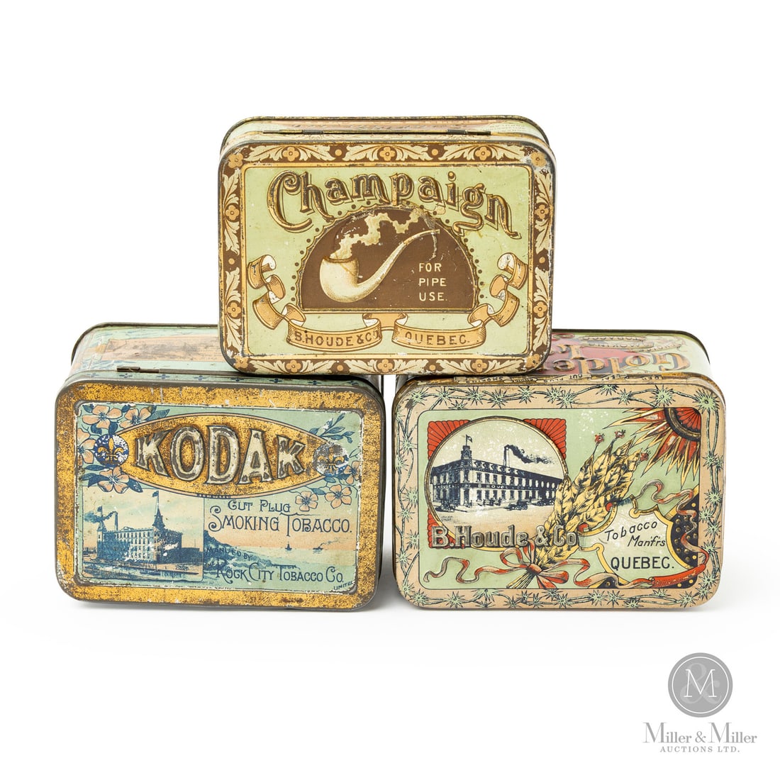 B. Houde & Co. Golden Leaf, Kodak and Champaign Tobacco Tins: Canadian. 1920s. Embossed lithographed tin. Golden leaf marked, "Macdonald Mfg Co., Toronto", lower corner. Kodak marked, "Macdonald Mfg Co., Toronto", return edge of lid. All items are guaranteed aut