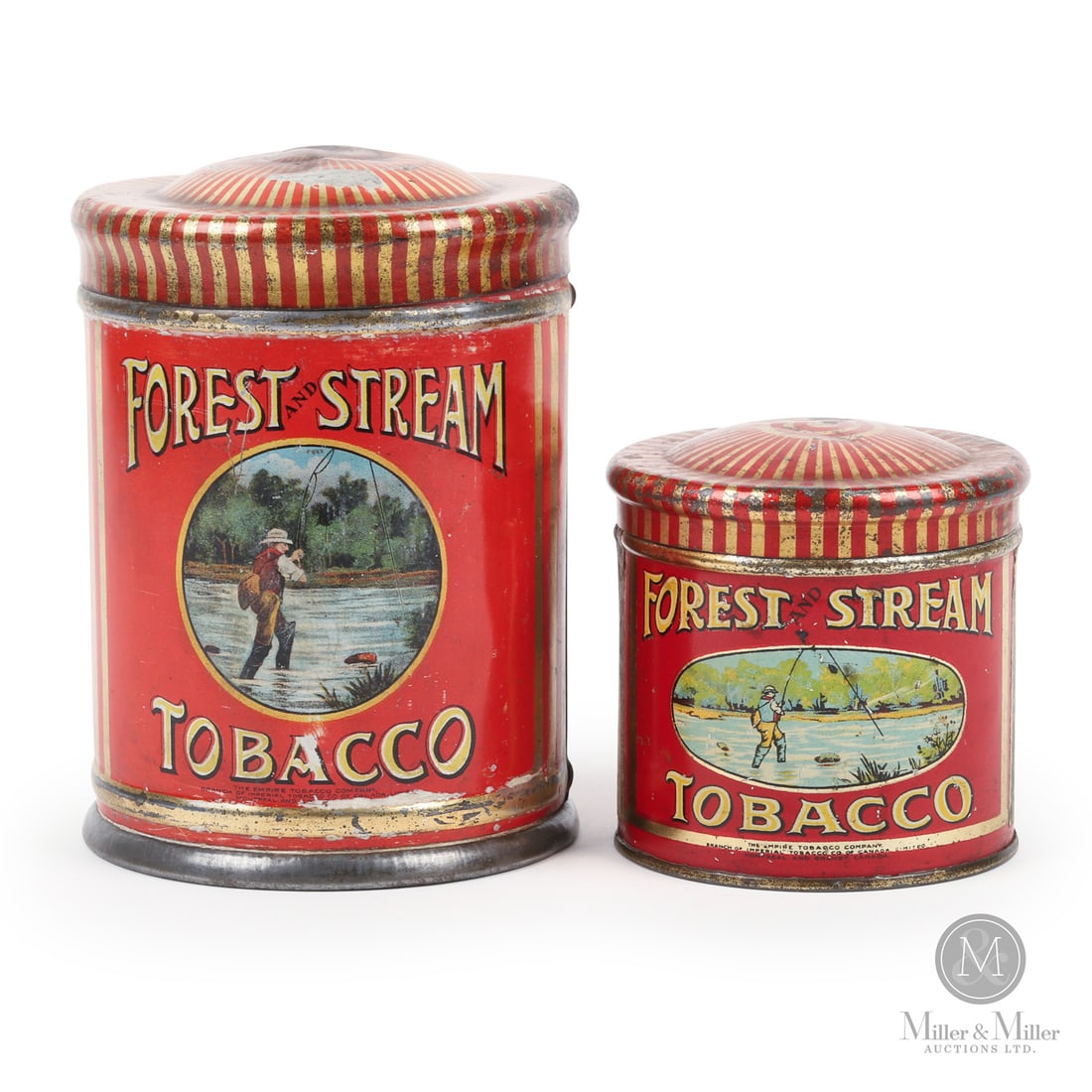Forest & Stream Tobacco Canisters: Canadian. 1930s. Lithographed tin. Marked, "The Empire Tobacco Company Branch of Imperial Tobacco Co.of Canada Limited, Montreal & Granby, Canada", lower quarter. All items are guaranteed authentic