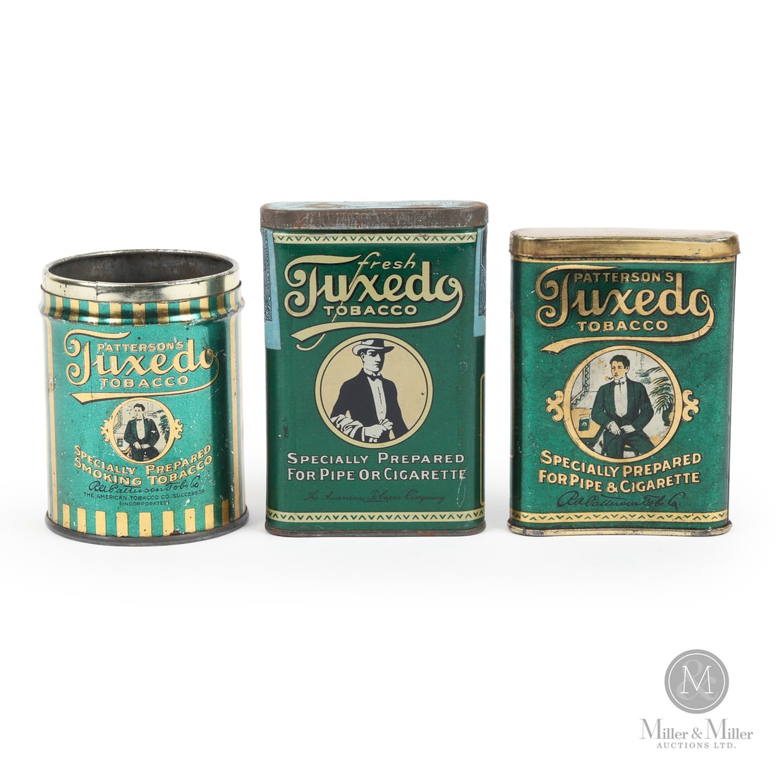 Tuxedo Tobacco Pocket Tins and Canister: American. 1930s-1940s. Lithographed tin. All items are guaranteed authentic by Miller & Miller Auctions. From the late Marcel Gallays Collection.SizeCanister: 3.5" x 2.75" Dia.ConditionFair to