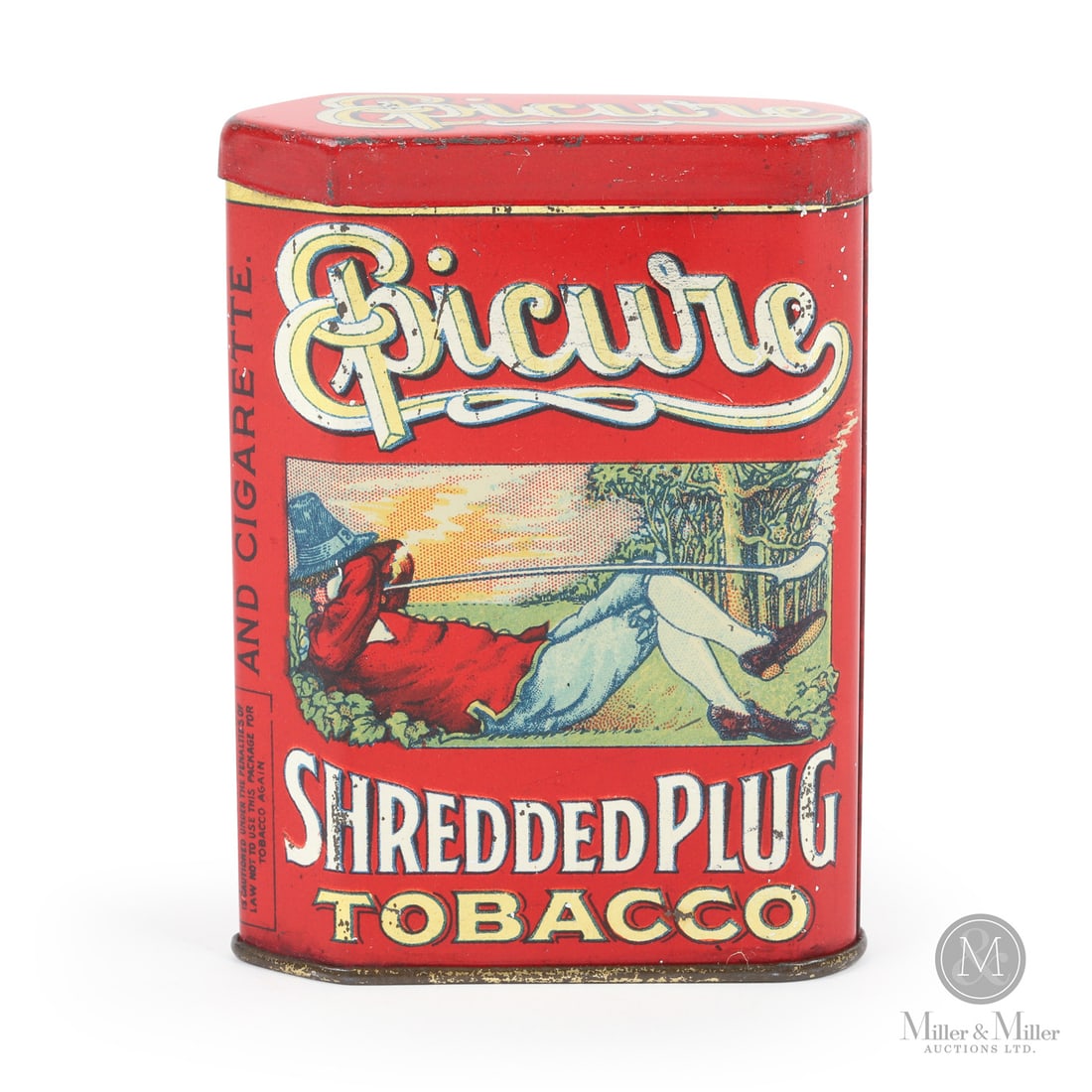 Epicure Tobacco Pocket Tin: American. 1920s. Lithographed tin. All items are guaranteed authentic by Miller & Miller Auctions. From the late Marcel Gallays Collection.Size4.25" x 3" x 1".ConditionRetains excellent colour and