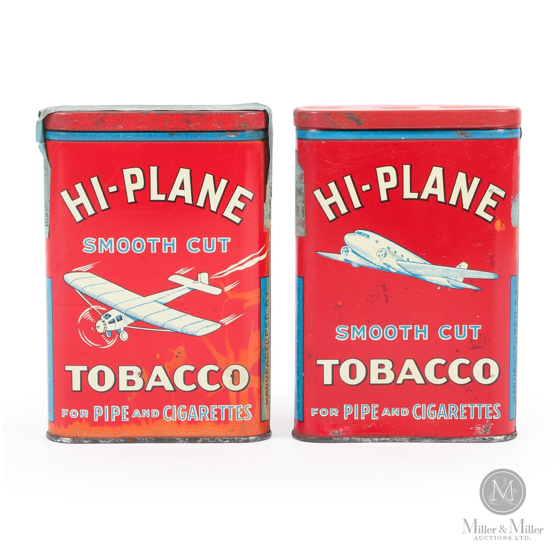 Hi-Plane Tobacco Pocket Tins: American. 1930s. Lithographed tin. Hi-Plane was a popular tobacco brand made by Larus & Bro. Co. Larus was a small tobacco company, founded in 1877, that gained national recognition with its