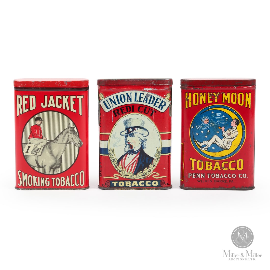 Union Leader, Honeymoon and Red Jacket Tobacco Pocket Tins: American. 1930s. Lithographed tin. Each marked, "A.C. Co. 50", lower edge of reverse. All items are guaranteed authentic by Miller & Miller Auctions. From the late Marcel Gallays Collection.SizeEach: