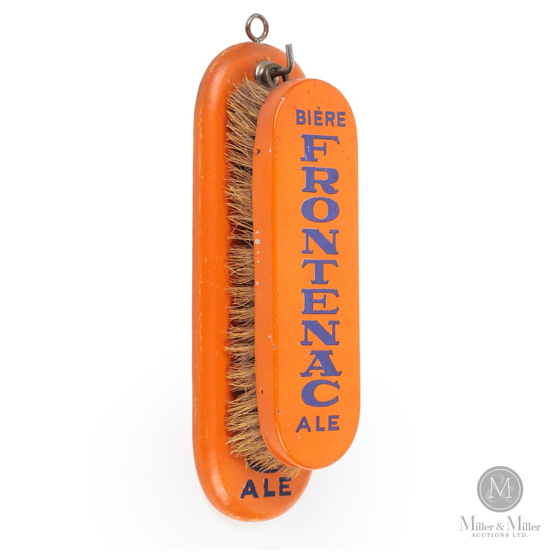 Frontenac Ale Brush Set: Canadian. 1930s. Painted wood. All items are guaranteed authentic by Miller & Miller Auctions.Size8.5" x 2.5" x 2".ConditionExcellent colour and gloss. Minor surface nicks to holder. Loss to center