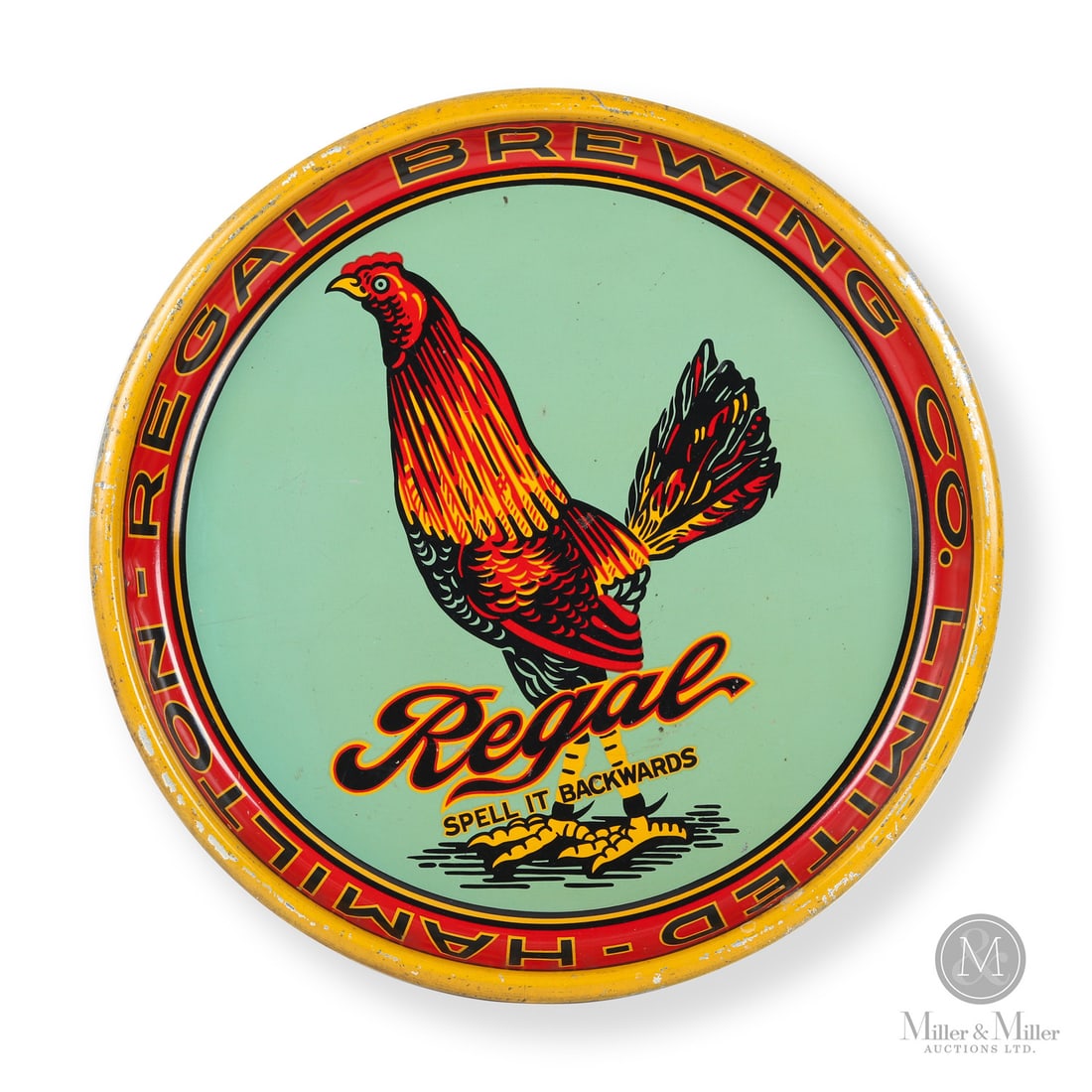 Regal Brewing Co., Hamilton Lager Beer Tray: Canadian. 1930s. Lithographed tin. Regal Brewing featuring a colourful rooster with the slogan, "Spell it Backwards". Authenticated by The Authentication Company (TAC #501444). All items are