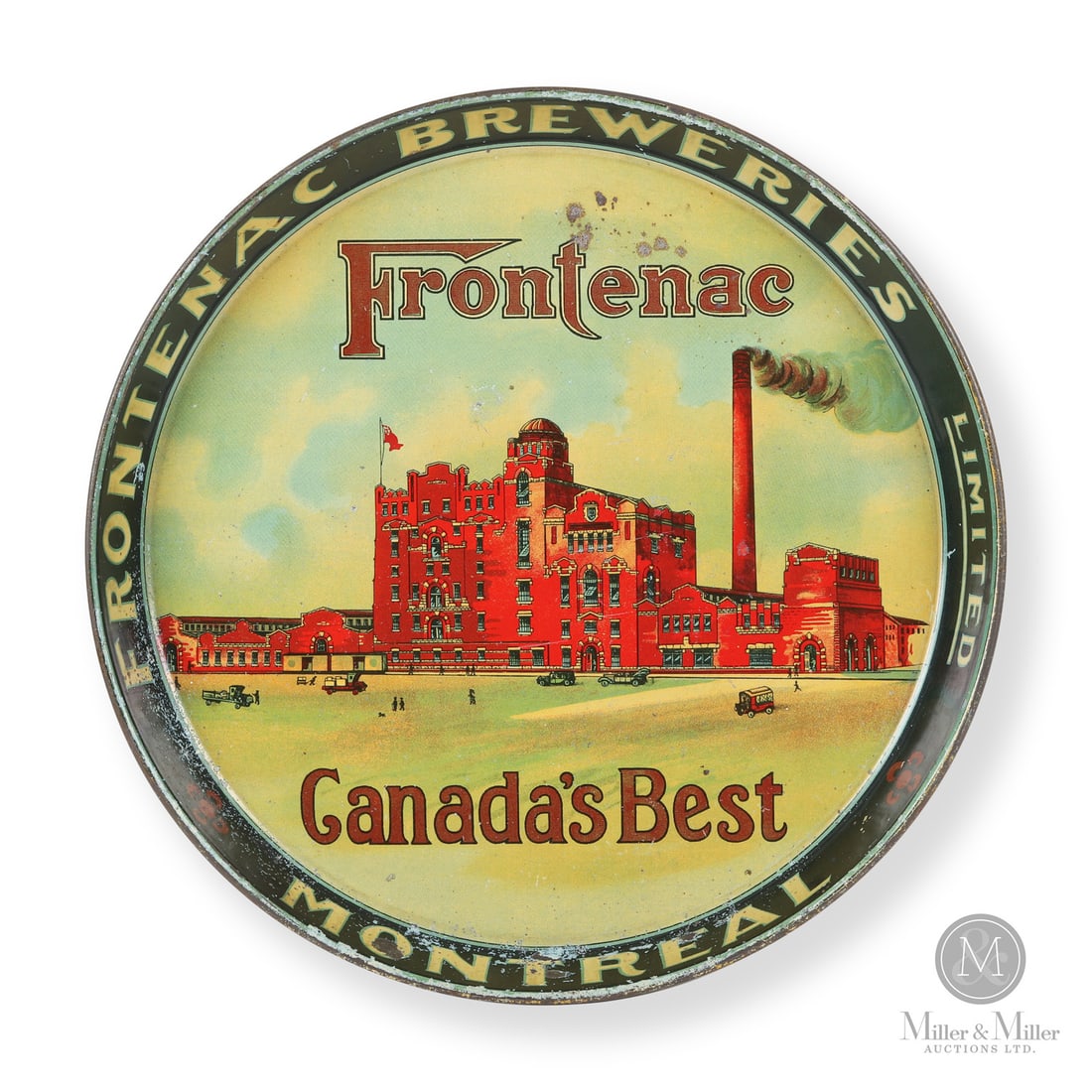 Frontenac Breweries, Montreal Factory Scene Beer Tray: Canadian. 1913 to 1920s. Lithographed tin. Frontenac Breweries was founded in 1913 by Joseph Beaubien. It was the first French-Canadian brewery, while all others were being run by English Canadians.